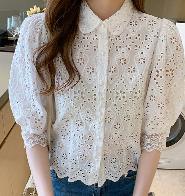 Hollowed Out Short Sleeve Blouse