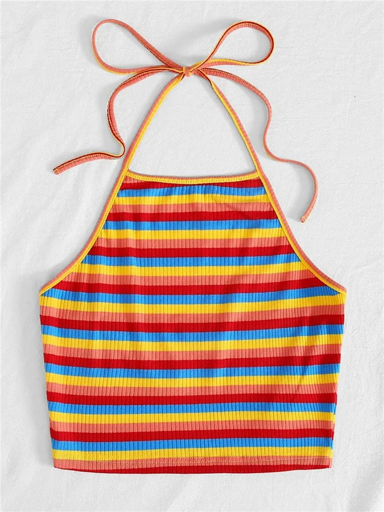 Rainbow Rib-knit Striped Halter Top