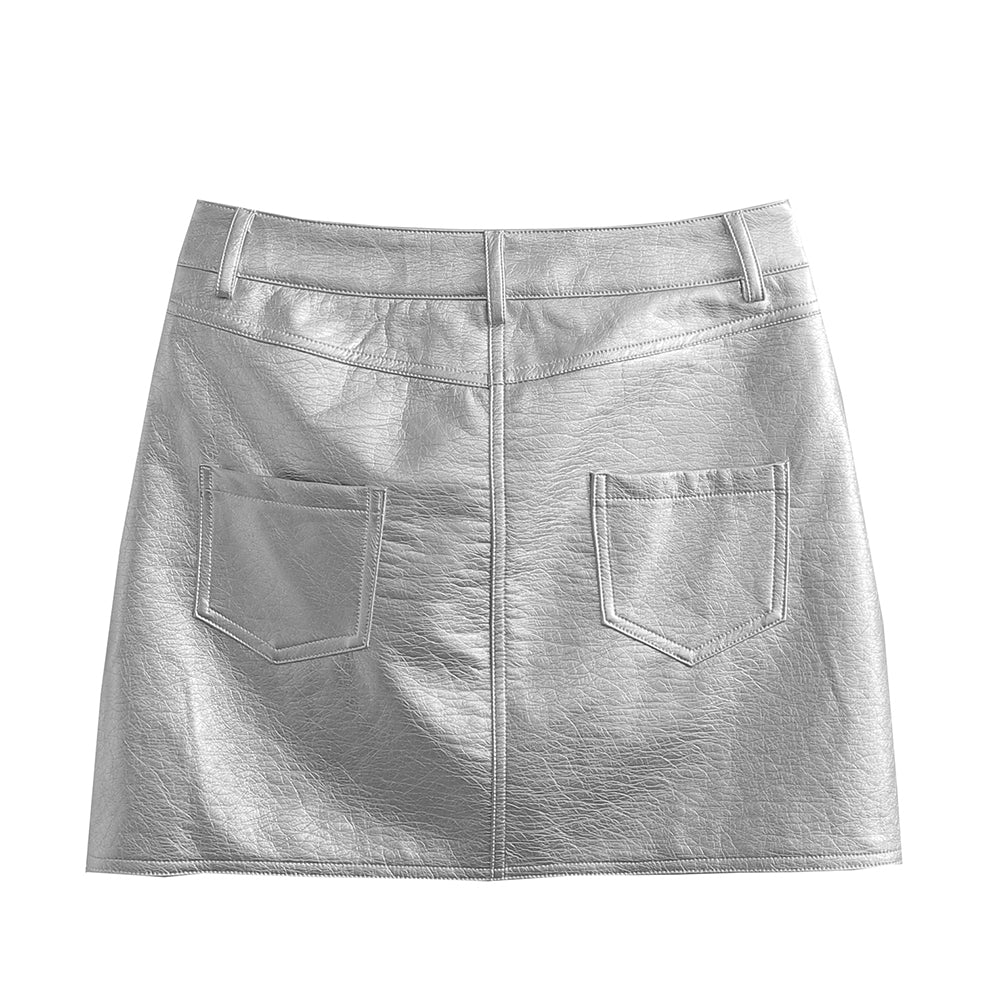Faux Leather Silver Mini Skirt