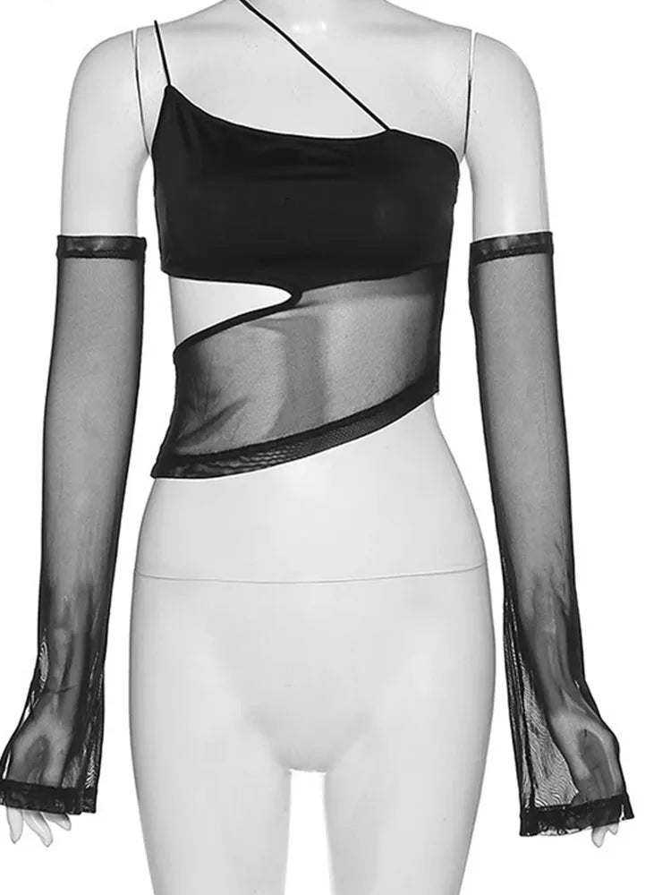 Asymmetrical Cut Out Mesh Crop Top with Sleeves
