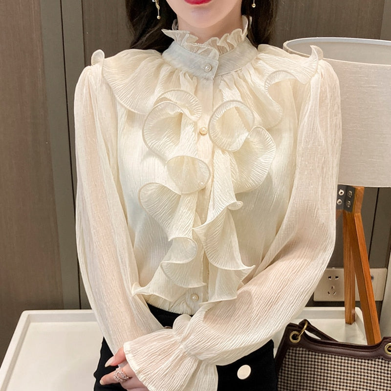 Elegant Lace Blouse With Ruffles